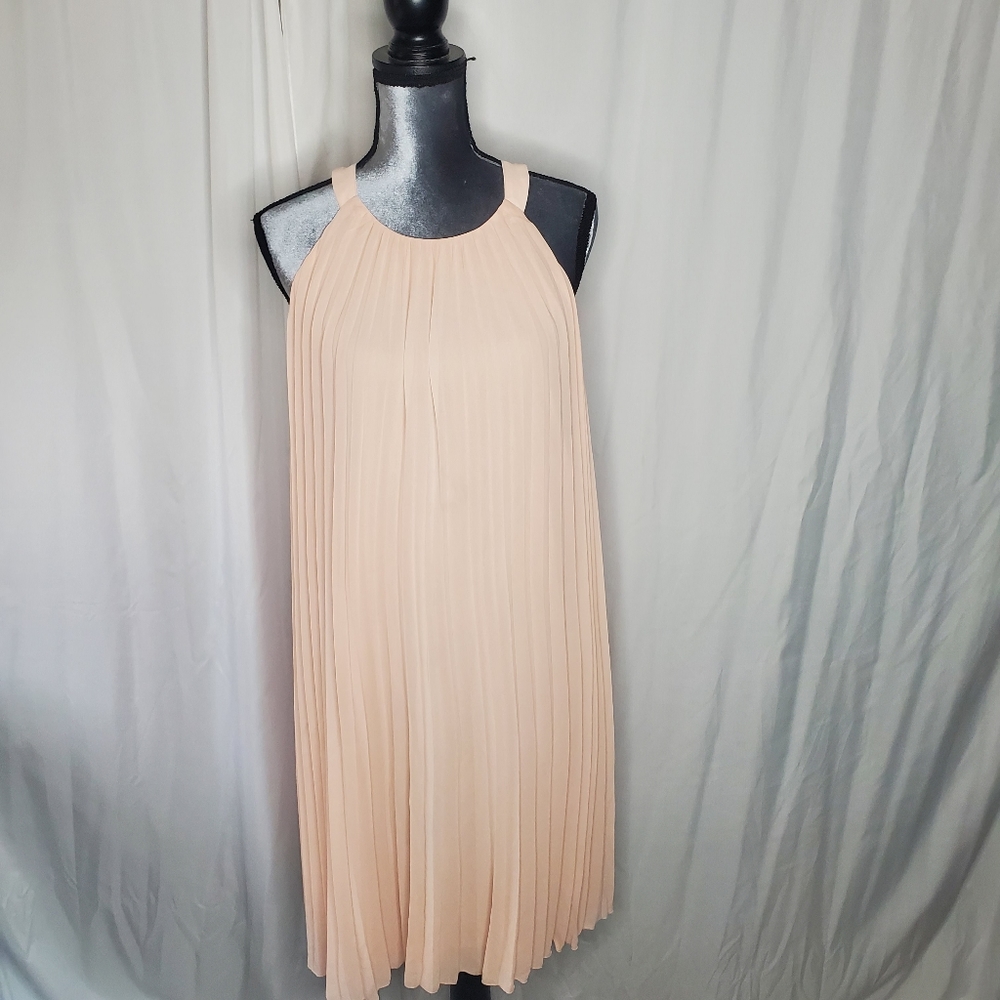 ♤ H&M Peach Knife Pleat Trapeze Chiffon Dress Size XXL NWT